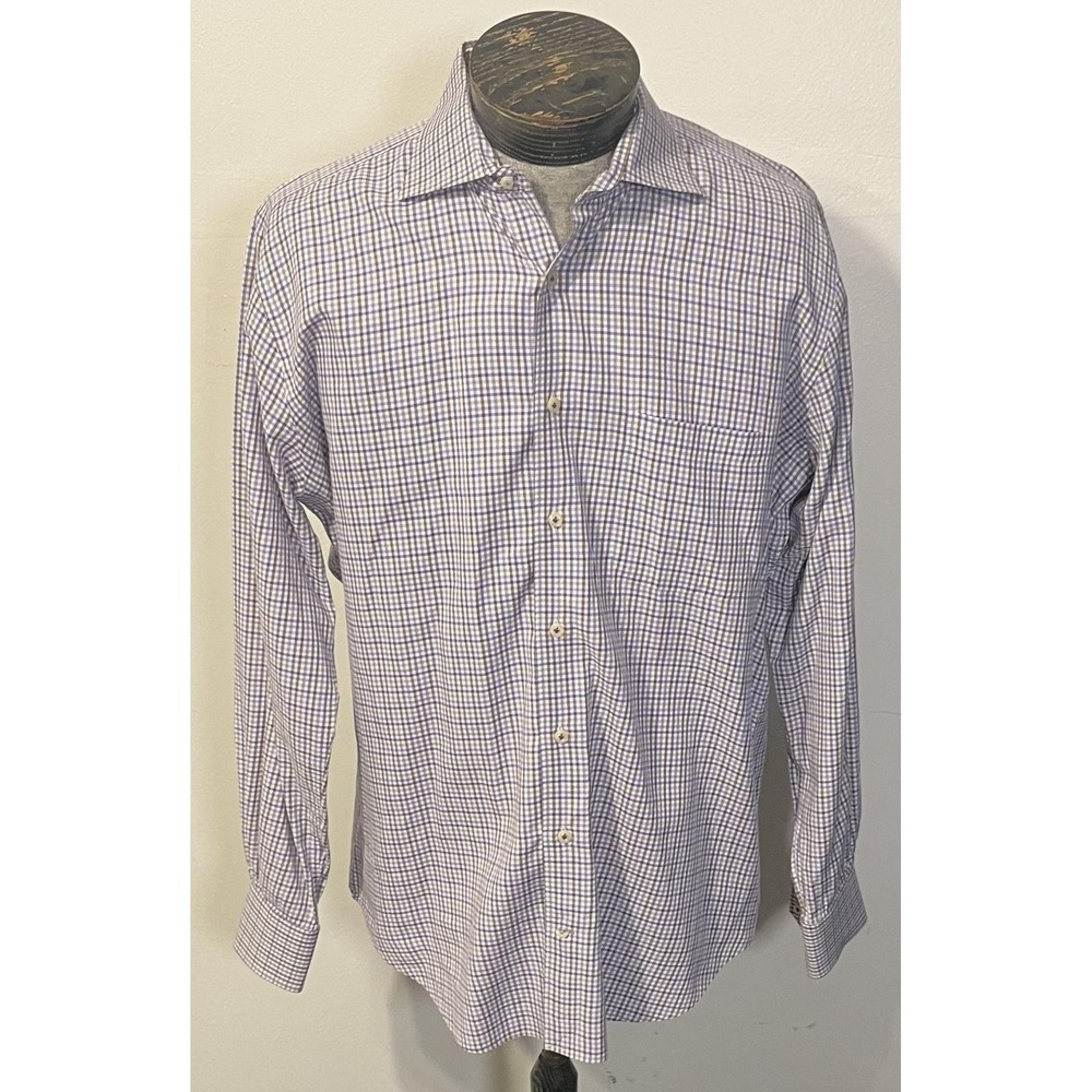 Peter Millar Shirt Mens Large Purple Check 100% Cotton Button Front Long Sleeve